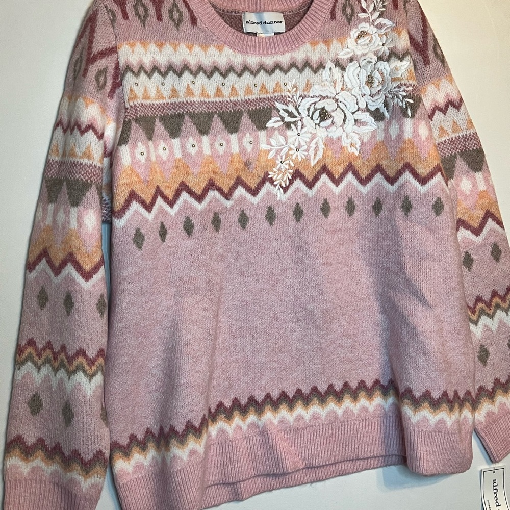 New Alfred Dunner Pink and Brown Patterned Sweater